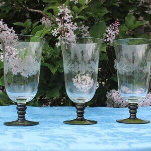 3 Römer Olive Green Water Goblets Etched Grape Leaves - Vienna